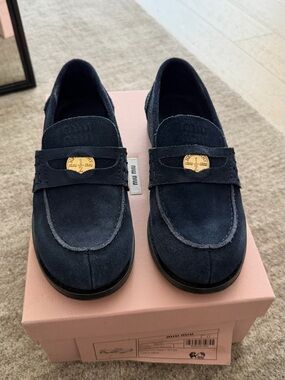 Miu Miu Navy Suede Penny Loafers